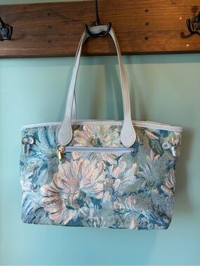 Floral Tapestry Tote Bag with Blue Trim and Burgundy Lining